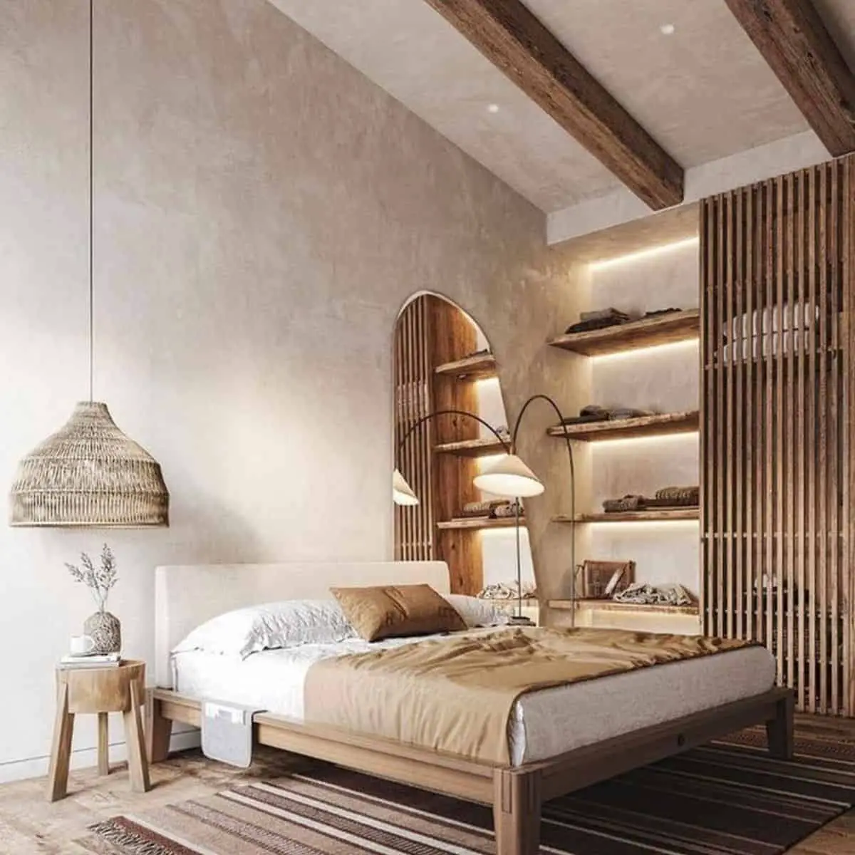 Wabi sabi bedroom ideas Natural textures on rugs, wooden furniture