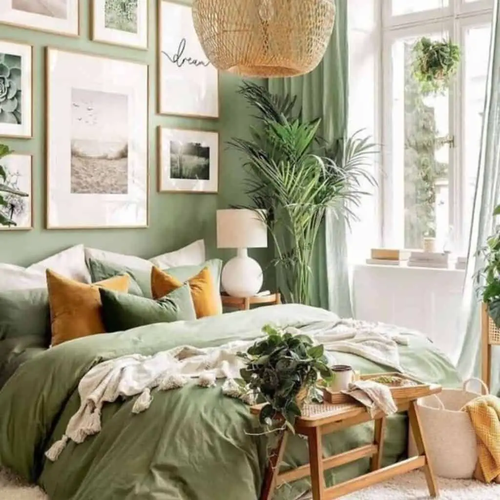 Green and yellow bedroom with large plants to imitate Studio Ghibli aesthetic