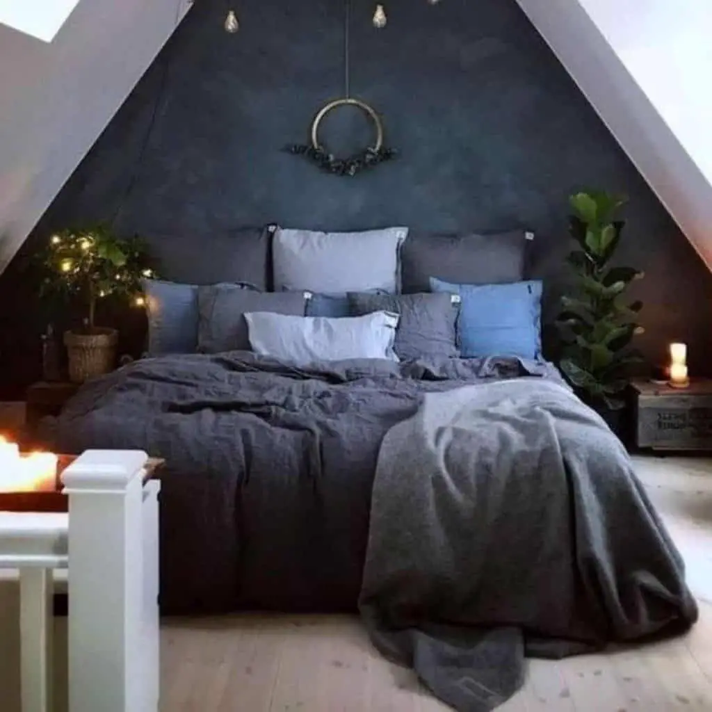 Grey and Prussian blue coloured bed bedroom